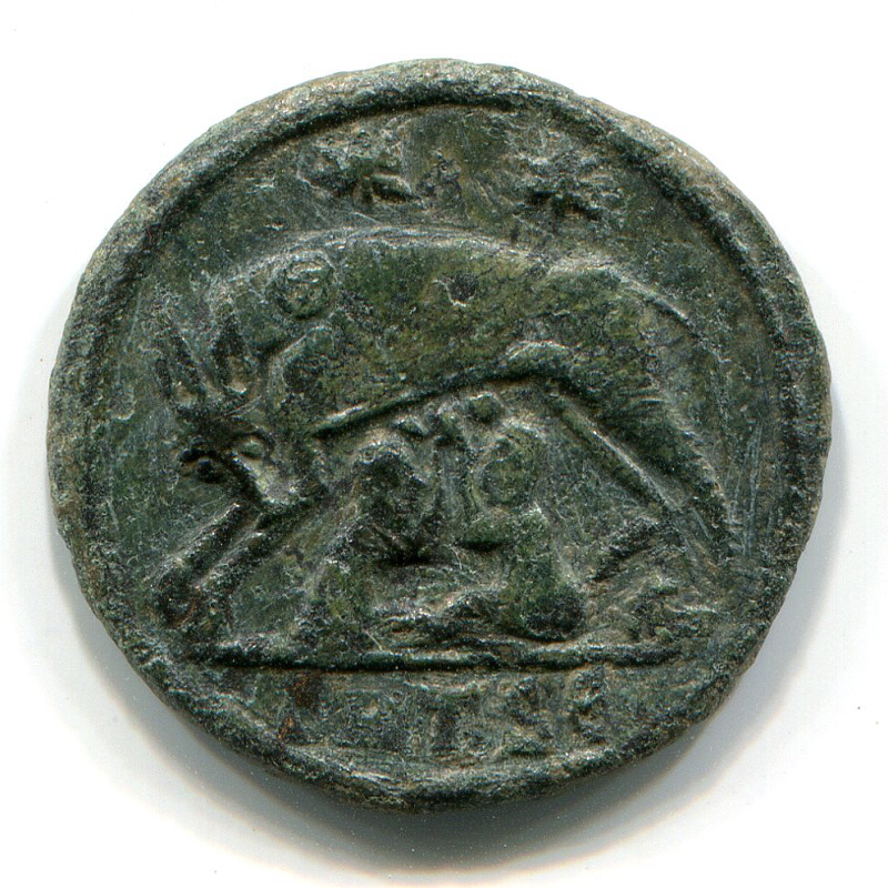 Roman coin showing the wolf suckling Romulus and Remus.