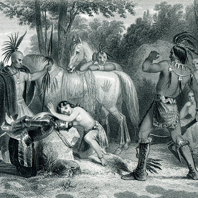 Detail of an engraving of Pocahontas rescuing John Smith by throwing herself over his head, as a man prepares to club him, with otehr men and horses standing around.
