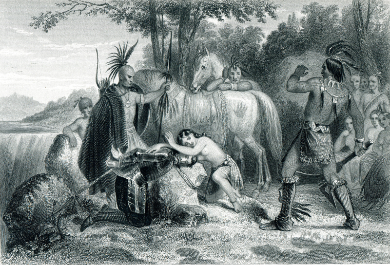 Print of a scene showing Pocahontas allegedly throwing herself over John Smith to prevent him being clubbed to death, with a number of men and horses standing around, as wel las women seated.