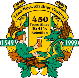 The 1999 Norwich Beer Festival log, showing Robert Kett and th Norwich Dragon (in green andyellow for Norwich) sharing a pint and shaking hands, with barley, oak leaves and acorns.