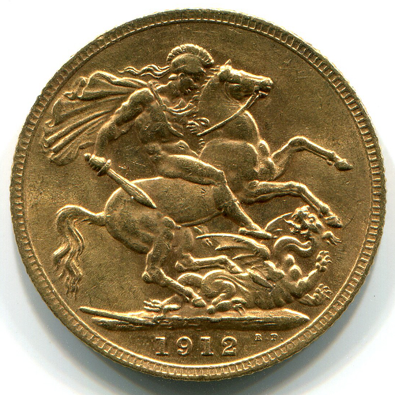Gold Sovereign from 1912 showing St. George in the act of subduing the Dragon.