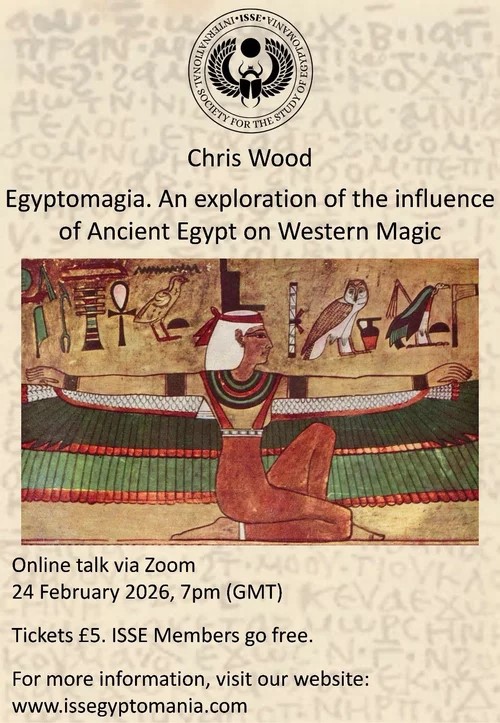 Image promoting Chris Wood's 'Egyptomagia' talk with an ancient wall painting of the winged Isis.