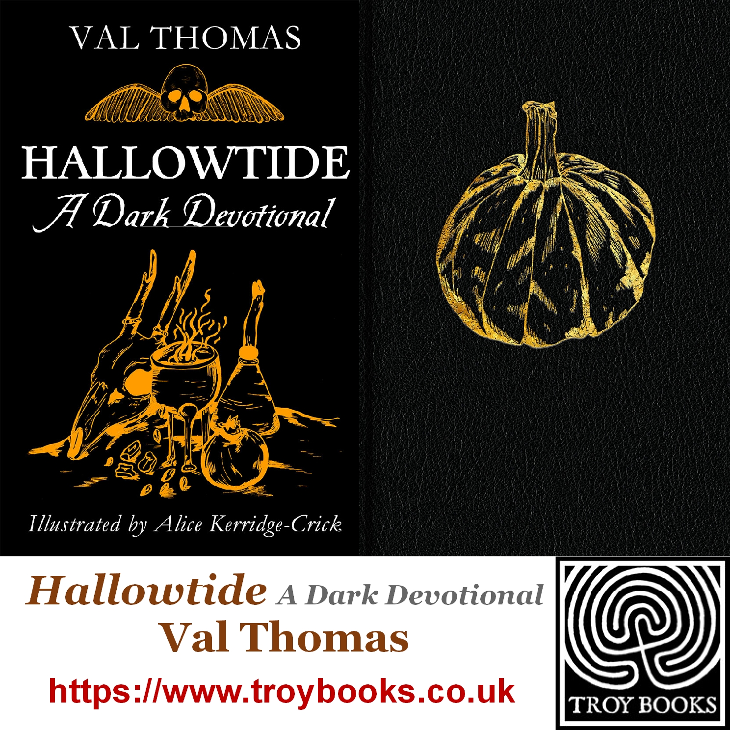 Image promoting Val's new book, with a witch's altar, a skull with wings and a pumpkin.