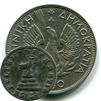 1930 Greek coin showing a phoenix rising from the flames and an ancient Roman coin showing a phoenix on a mound or rocks.