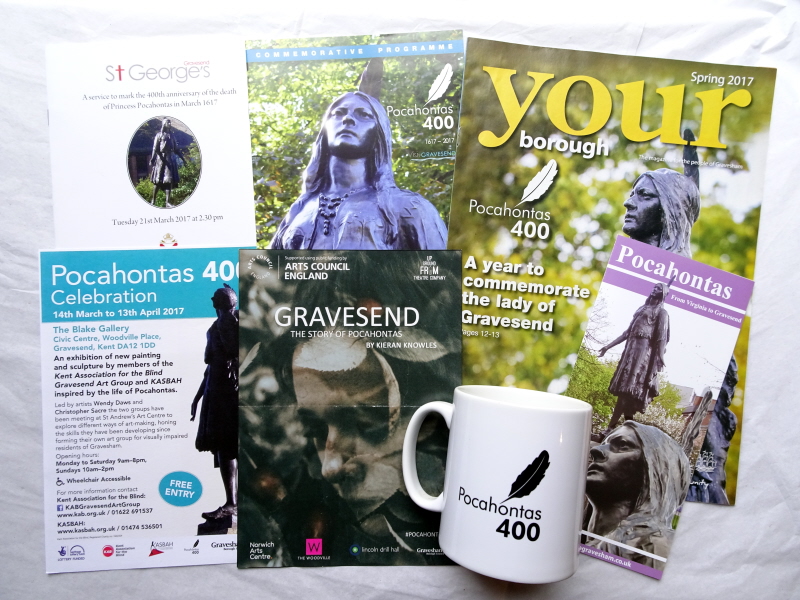 A selection of printed material and a souvenir mug produced in Gravesend to commemorate 400 years since Pocahontas' death in the town in 2017